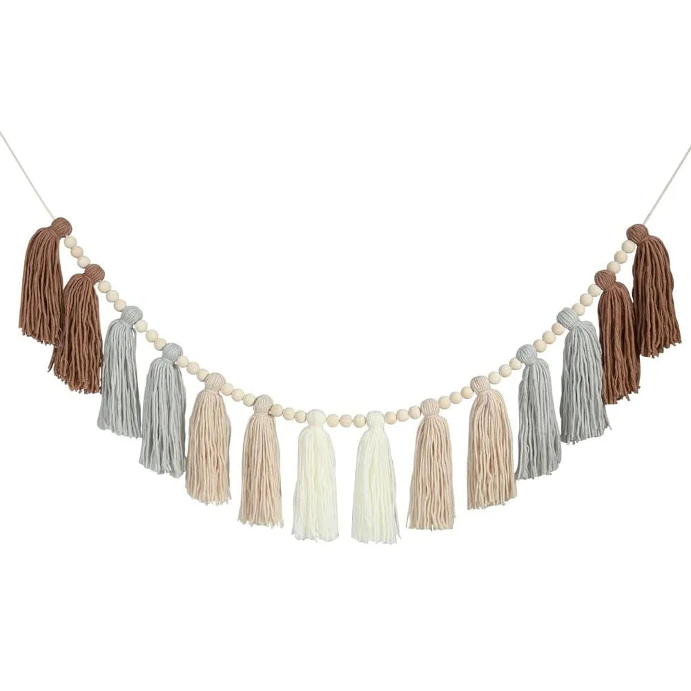 Pink Tassel Garland with Wood Beads – Boho Wall Hanging Nursery Décor