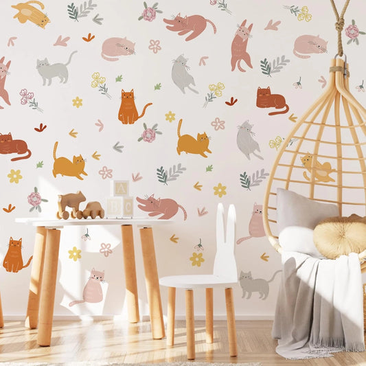 Boho Watercolor Cat & Flower Wall Decals for Kids Room