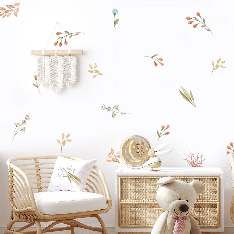Boho Watercolor Leaves & Flowers Wall Decals for Nursery & Kids Room