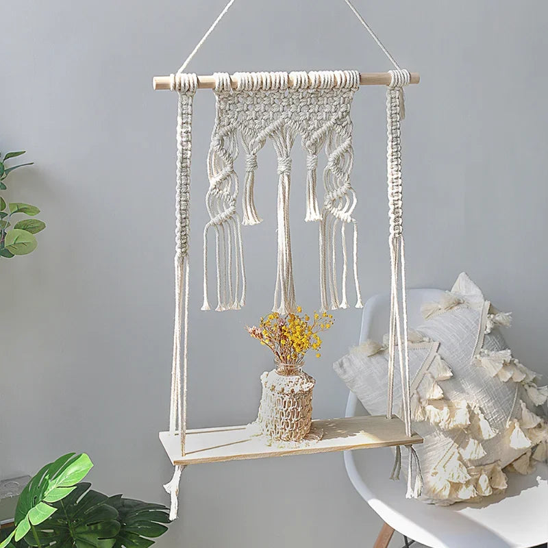 Macrame Wooden Wall Shelf – Decorative Floating Shelf & Plant Holder