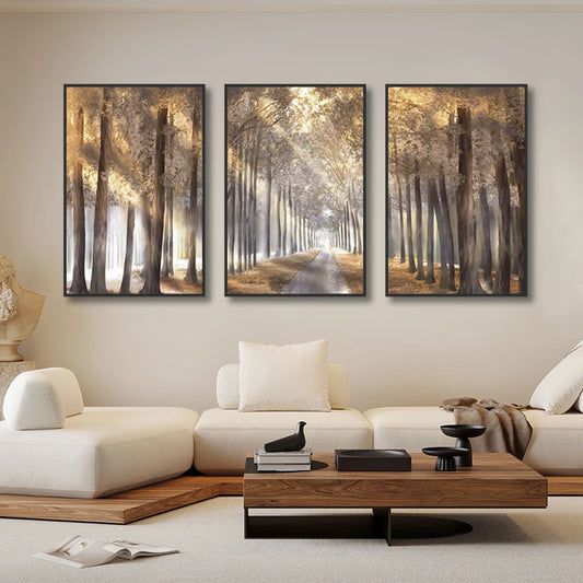 Golden Forest Light Canvas Wall Art – Serene Nature Landscape Print