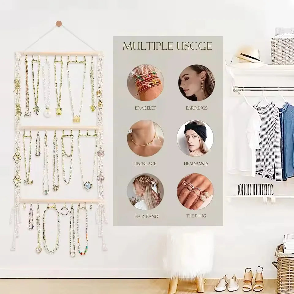 Boho Macrame Jewelry Organizer – Wall Hanging Necklace Holder with 30 Hooks