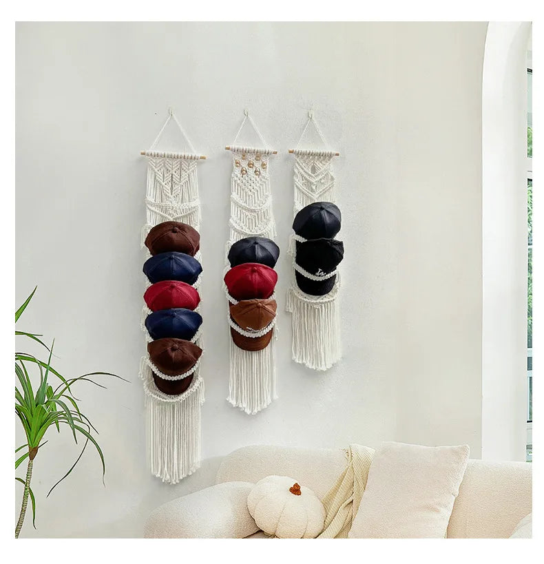 Boho Cotton Rope Hat Organizer – Wall Hanging Cap Storage Rack (Up to 32 Hats)