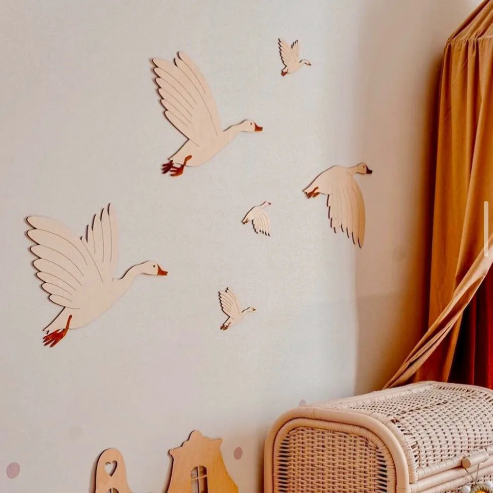 Wooden Swan & Flying Birds Wall Stickers – Nordic Nursery Wall Décor Set