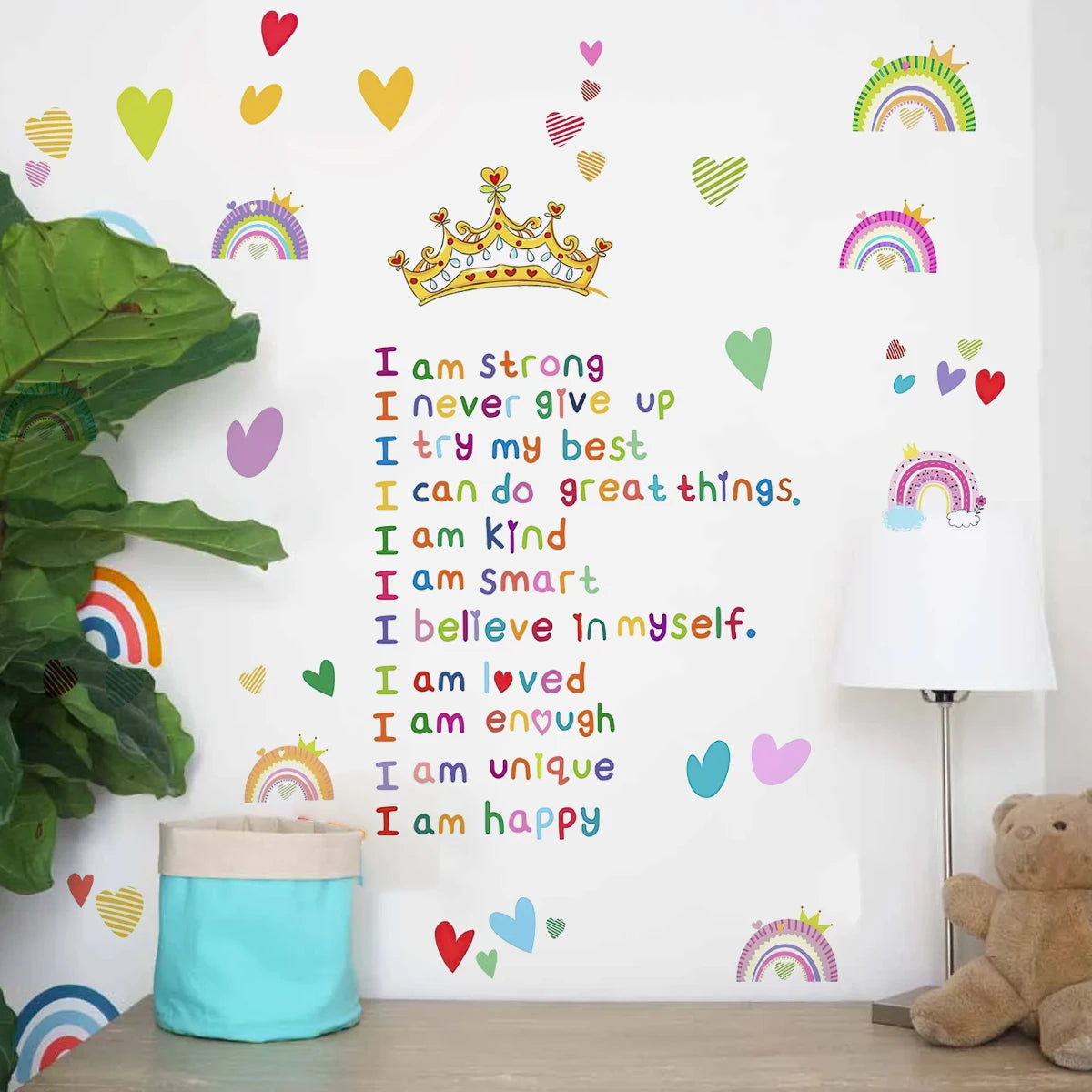 “I Am” Crown & Rainbow Inspirational Wall Decals for Kids Room