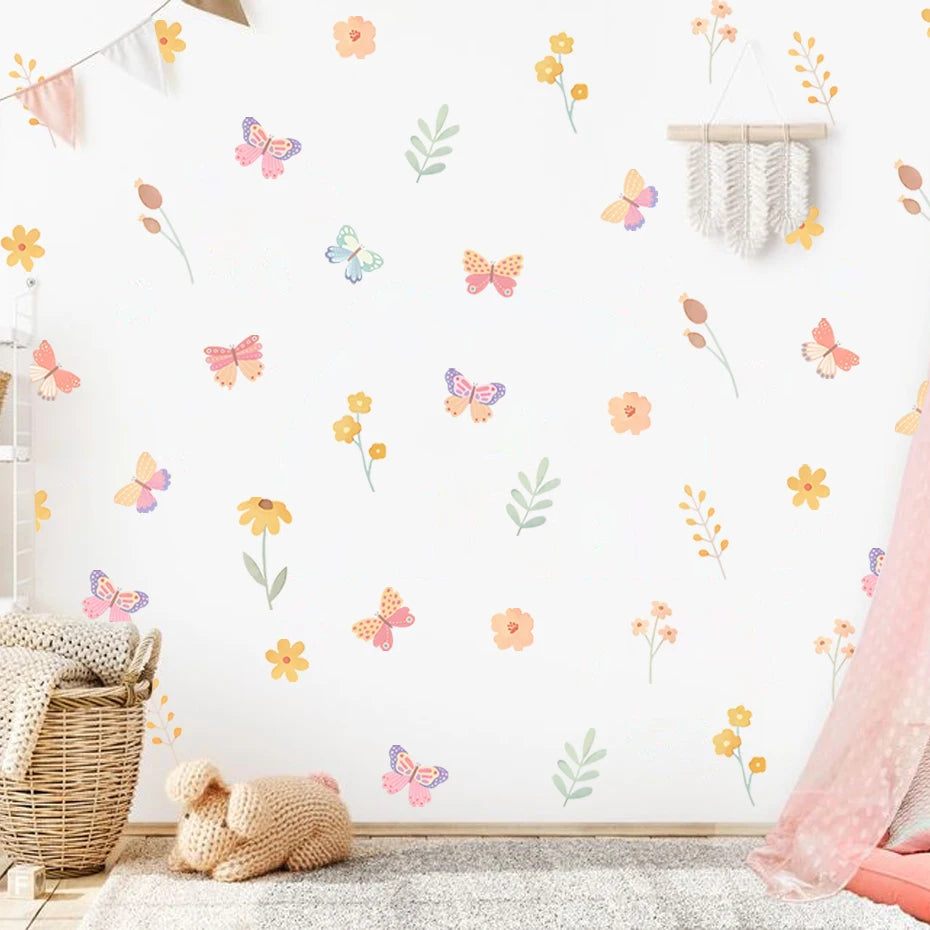 Boho Pink Butterfly & Birds Wall Decal – Kids Room Decor
