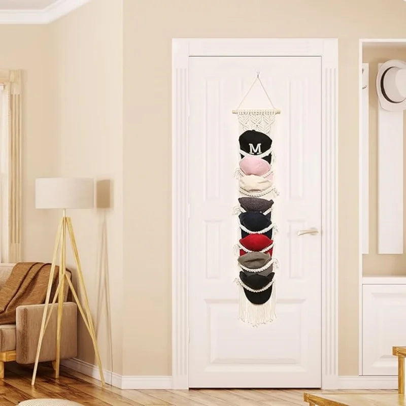 Boho Cotton Rope Hat Organizer – Wall Hanging Cap Storage Rack (Up to 32 Hats)