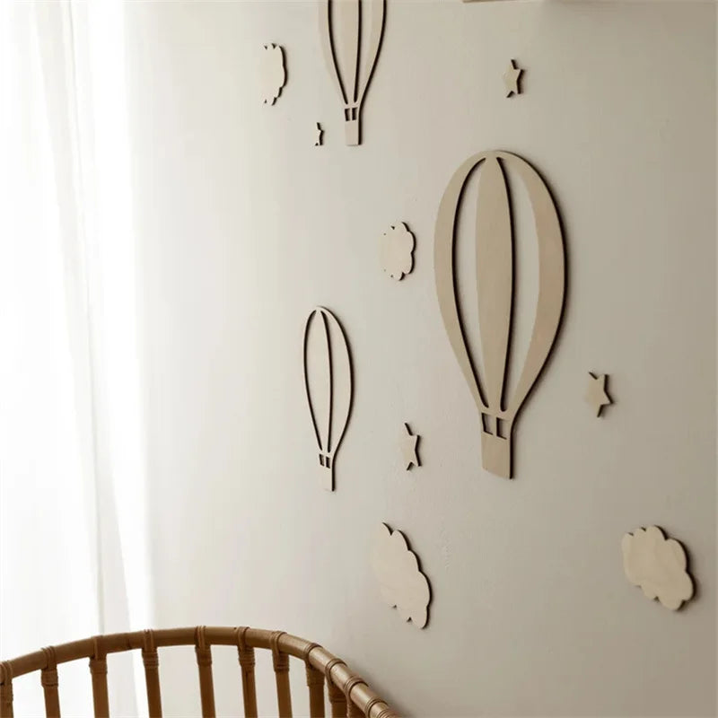 Wooden Hot Air Balloon Wall Stickers – Nordic Kids Room Cloud & Star Décor Set