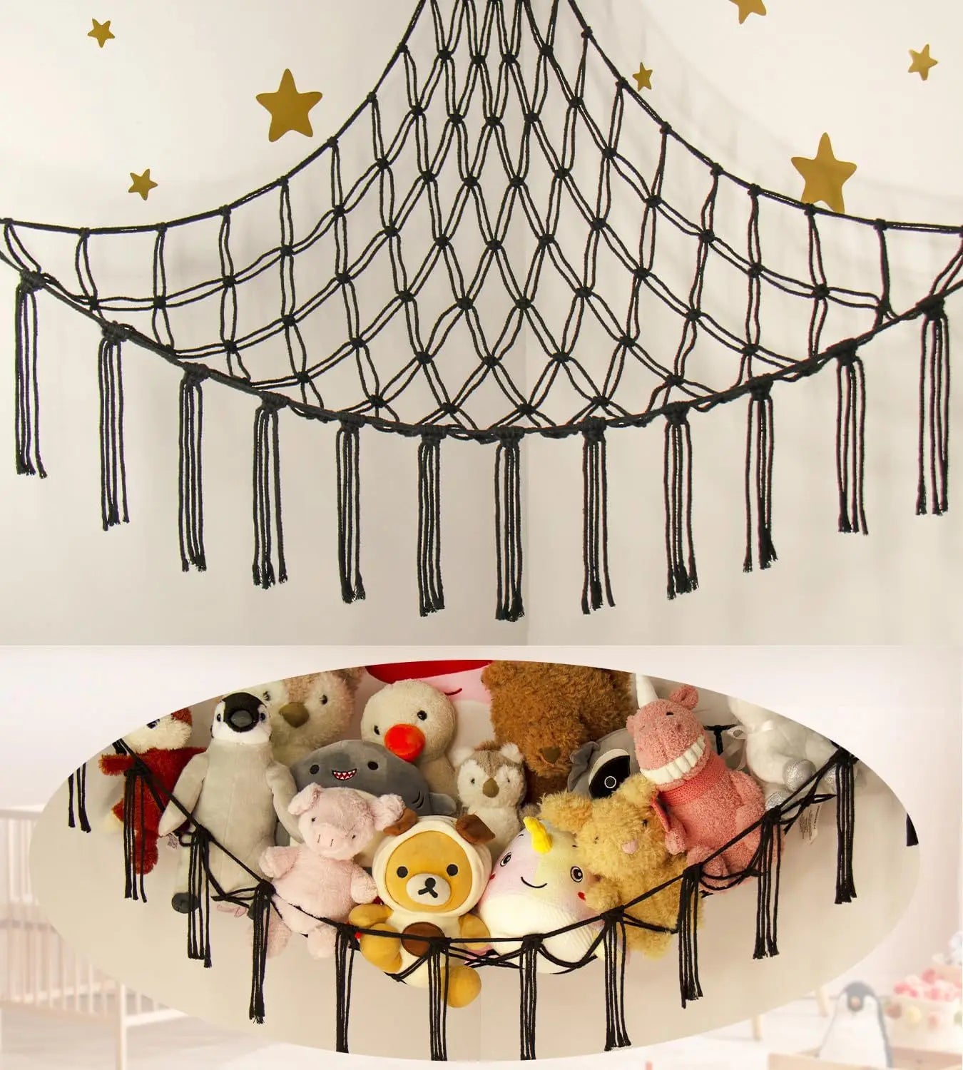 Boho Stuffed Animal Net Hammock – Macrame Corner Toy Storage Organizer