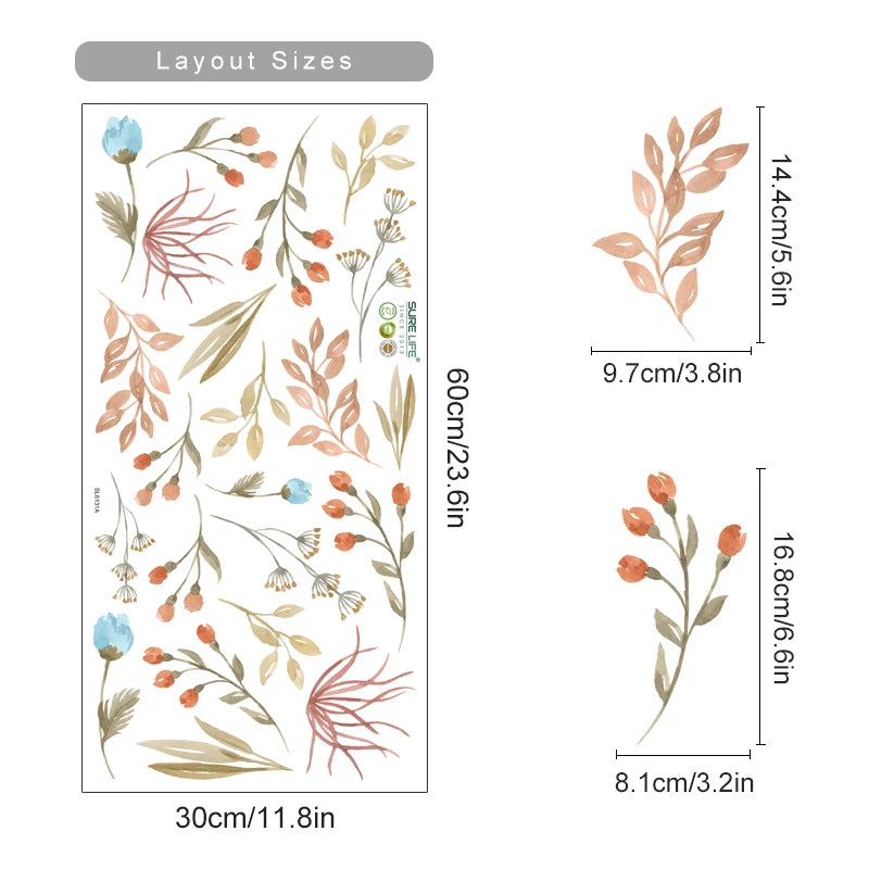 Boho Watercolor Leaves & Flowers Wall Decals for Nursery & Kids Room