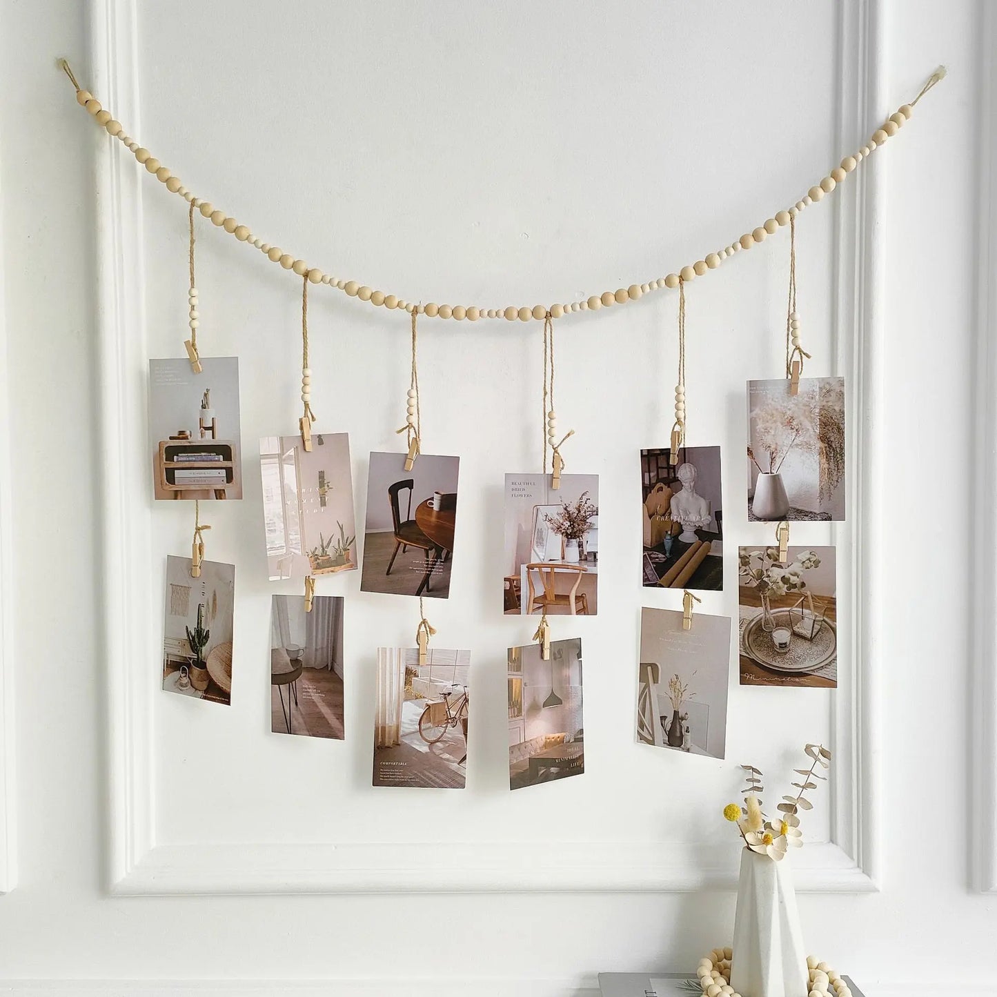 Boho Hanging Photo Display Garland – Wooden Bead Wall Décor with Clips