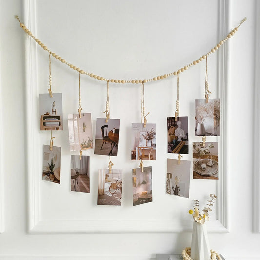 Boho Hanging Photo Display Garland – Wooden Bead Wall Décor with Clips