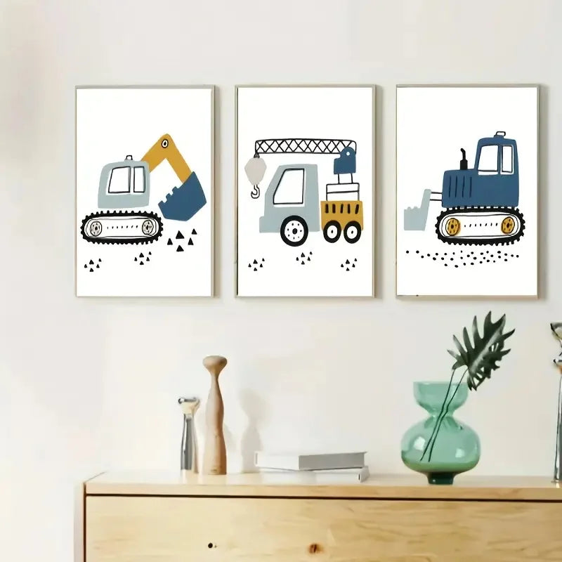 3-Piece Construction Vehicle Wall Art Set – Crane, Excavator & Tractor Canvas Prints