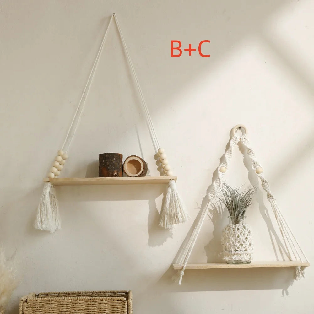 Hanging Wooden Wall Shelf with Beaded Design – Boho Rope Floating Display Shelf