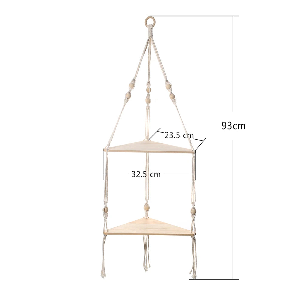 Macrame Corner Wall Shelf – Wooden Floating Shelf for Plants & Decor