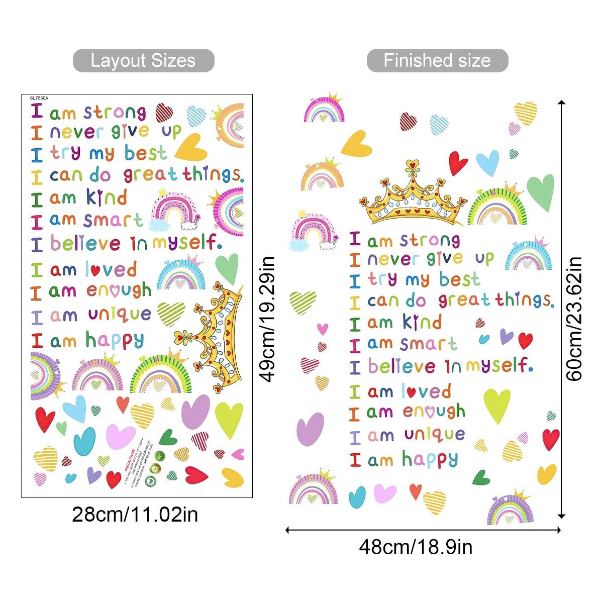 “I Am” Crown & Rainbow Inspirational Wall Decals for Kids Room