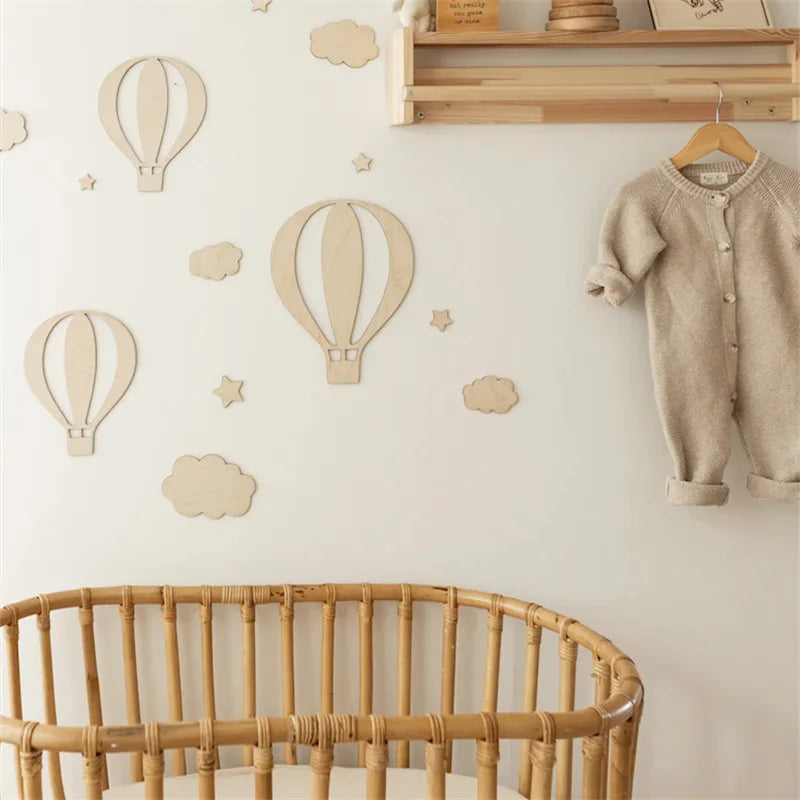 Wooden Hot Air Balloon Wall Stickers – Nordic Kids Room Cloud & Star Décor Set