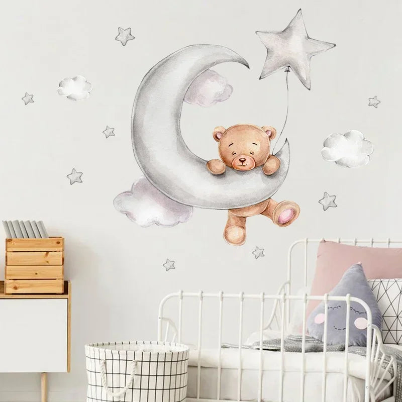 Cartoon Bear Moon & Stars Wall Sticker – Nursery & Kids Room Decor