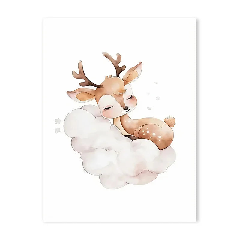 Cartoon Cloud Animal Canvas Wall Art – Cute Raccoon, Fox & Deer Nursery Poster