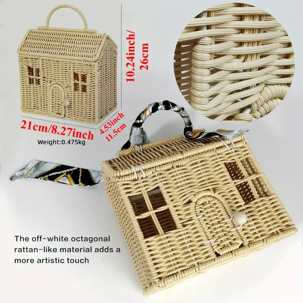 DIY House-Shaped Wicker Basket with Lid – Decorative Rattan Storage Basket