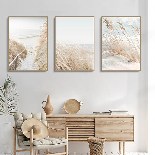 3-Piece White Seascape Canvas Wall Art – Nordic Coastal Pampas Prints