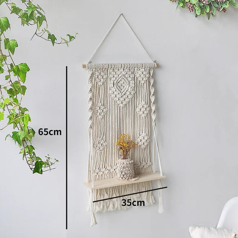 Macrame Wooden Wall Shelf – Decorative Floating Shelf & Plant Holder