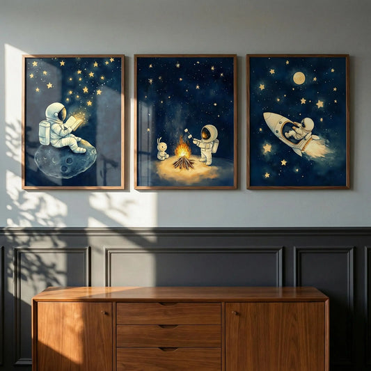 Astronaut Space Wall Art Set of 3 – Cute Rocket & Moon Nursery Posters