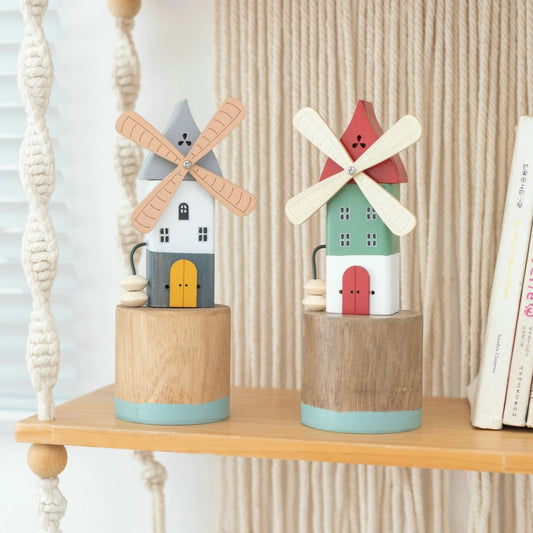 Wooden Windmill Figurine Decor – Rotating Rustic Desktop Ornament Gift