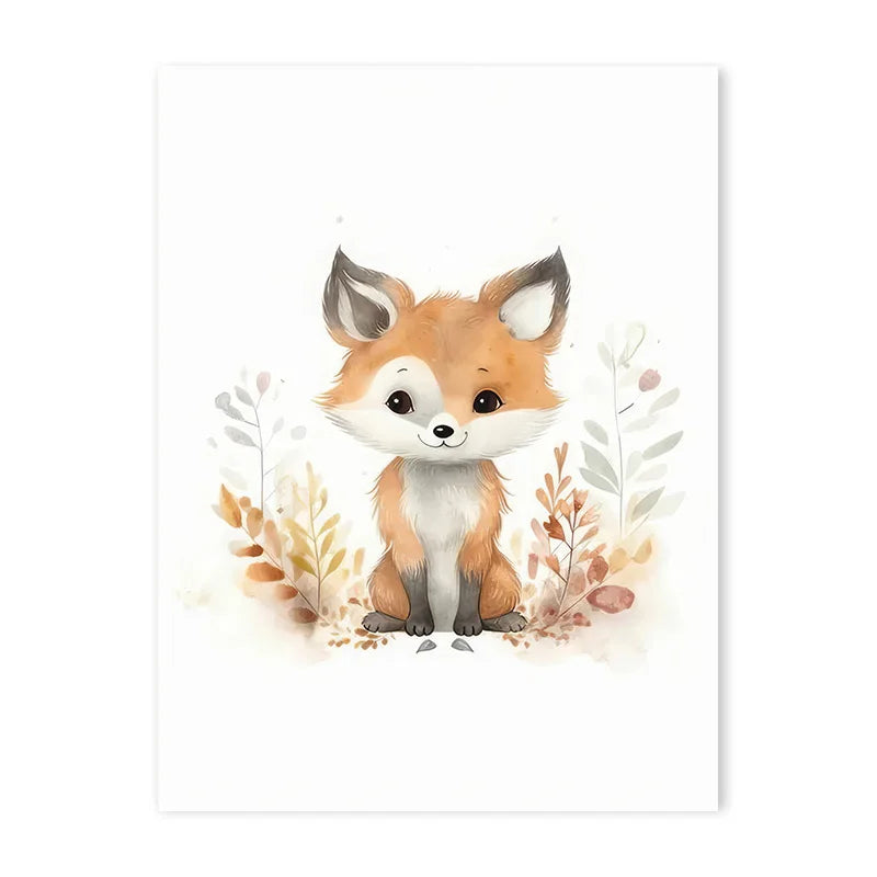 Cartoon Cloud Animal Canvas Wall Art – Cute Raccoon, Fox & Deer Nursery Poster