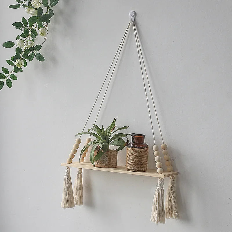 Macrame Wooden Wall Shelf – Decorative Floating Shelf & Plant Holder