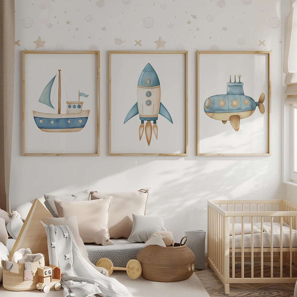 6-Piece Transportation Nursery Wall Art Set – Car, Plane, Train & More