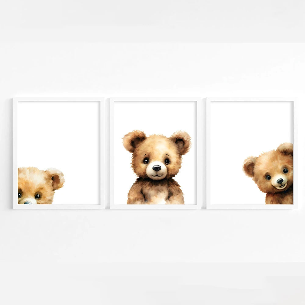 3-Piece Peeking Bear Nursery Wall Art Set – Woodland Animal Prints