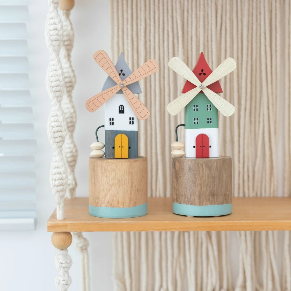 Wooden Windmill Figurine Decor – Rotating Rustic Desktop Ornament Gift