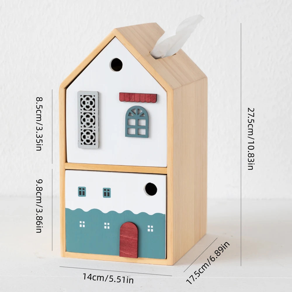 Wooden House Tissue Box & Storage Organizer – Double Layer Desk & Living Room Décor